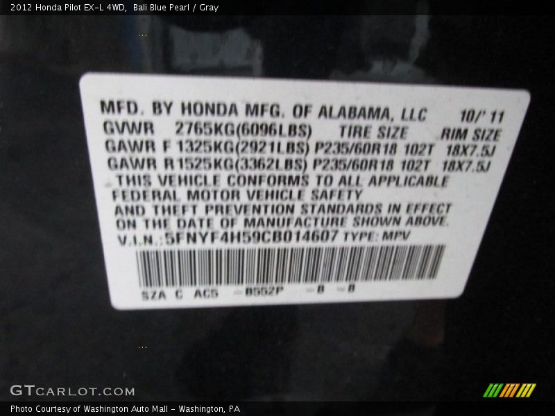 Bali Blue Pearl / Gray 2012 Honda Pilot EX-L 4WD