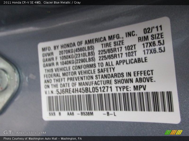 Glacier Blue Metallic / Gray 2011 Honda CR-V SE 4WD