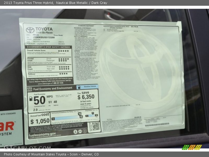 Nautical Blue Metallic / Dark Gray 2013 Toyota Prius Three Hybrid