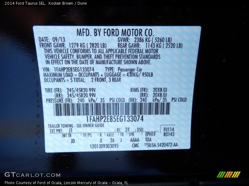 2014 Taurus SEL Kodiak Brown Color Code J1