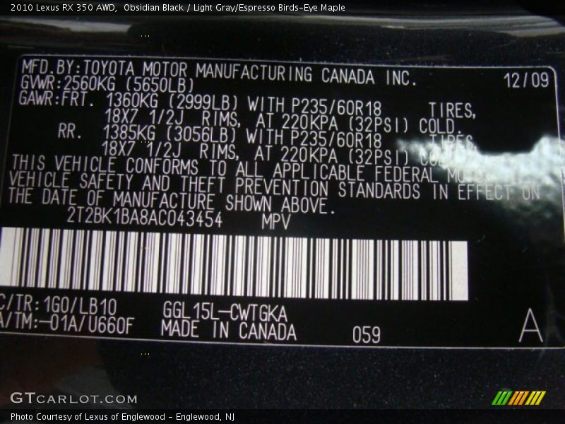 Obsidian Black / Light Gray/Espresso Birds-Eye Maple 2010 Lexus RX 350 AWD