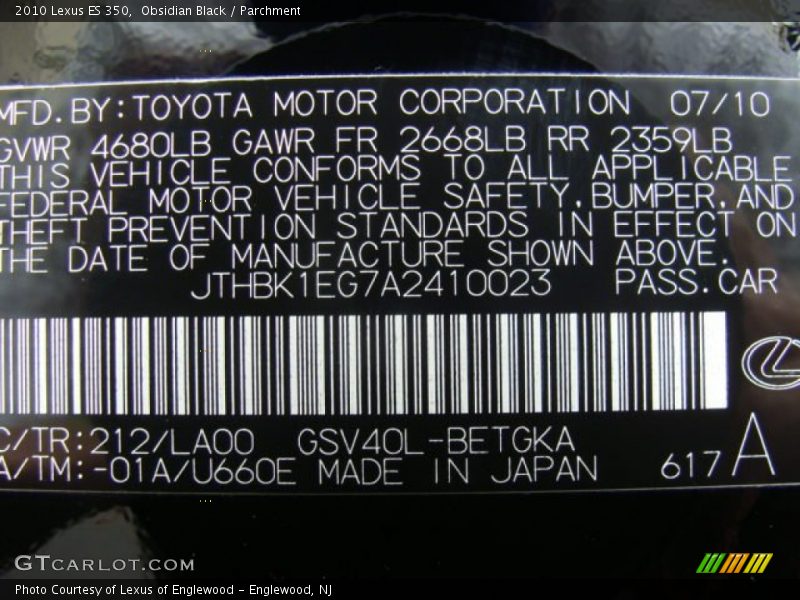 Obsidian Black / Parchment 2010 Lexus ES 350