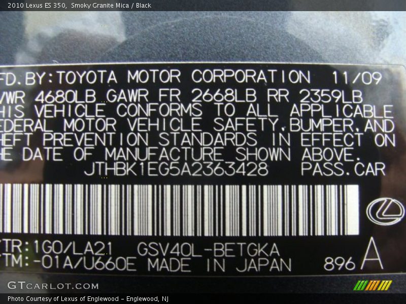 Smoky Granite Mica / Black 2010 Lexus ES 350