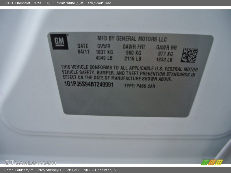 Summit White / Jet Black/Sport Red 2011 Chevrolet Cruze ECO