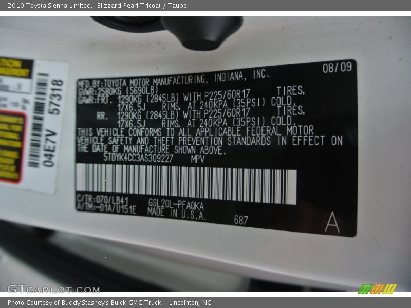 Blizzard Pearl Tricoat / Taupe 2010 Toyota Sienna Limited