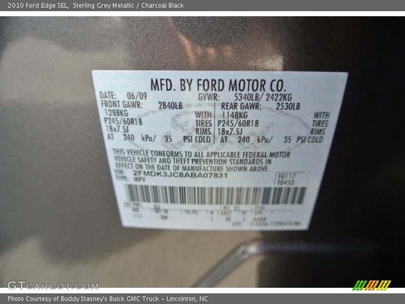 Sterling Grey Metallic / Charcoal Black 2010 Ford Edge SEL