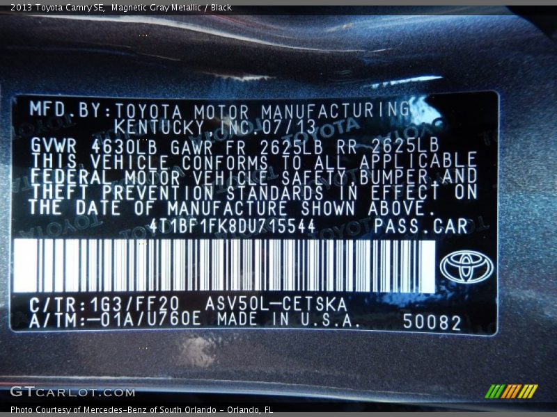 Magnetic Gray Metallic / Black 2013 Toyota Camry SE
