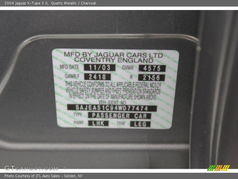 2004 X-Type 3.0 Quartz Metallic Color Code LHK