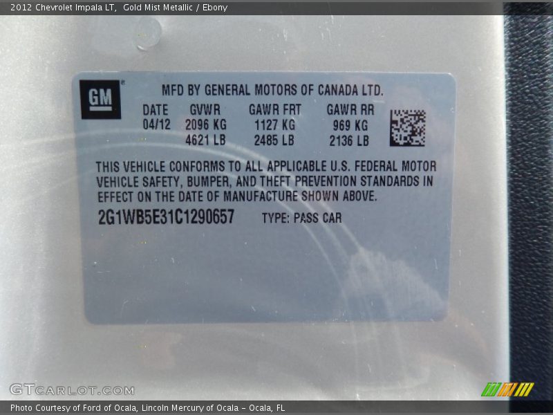 Gold Mist Metallic / Ebony 2012 Chevrolet Impala LT