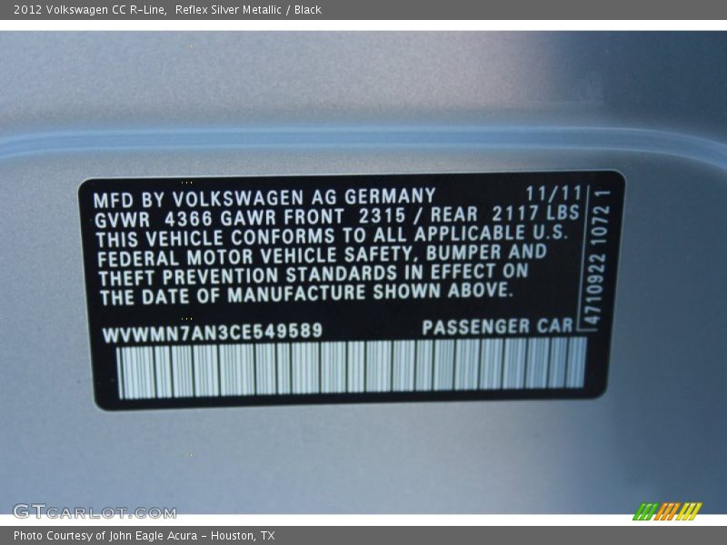 Reflex Silver Metallic / Black 2012 Volkswagen CC R-Line