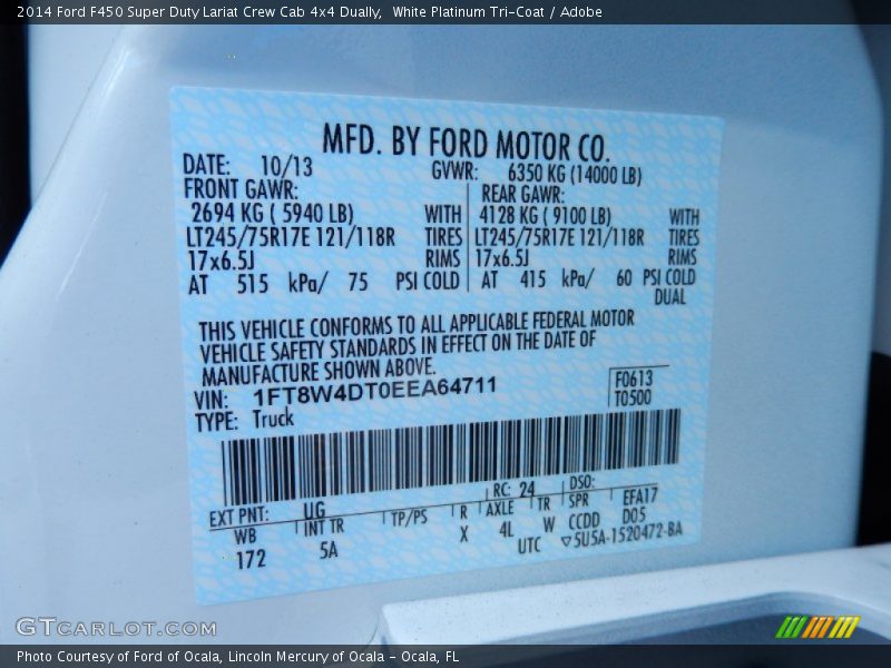 2014 F450 Super Duty Lariat Crew Cab 4x4 Dually White Platinum Tri-Coat Color Code UG