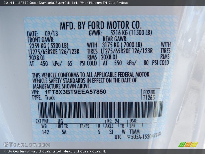 2014 F350 Super Duty Lariat SuperCab 4x4 White Platinum Tri-Coat Color Code UG