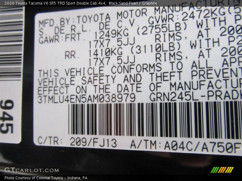 Black Sand Pearl / Graphite 2010 Toyota Tacoma V6 SR5 TRD Sport Double Cab 4x4