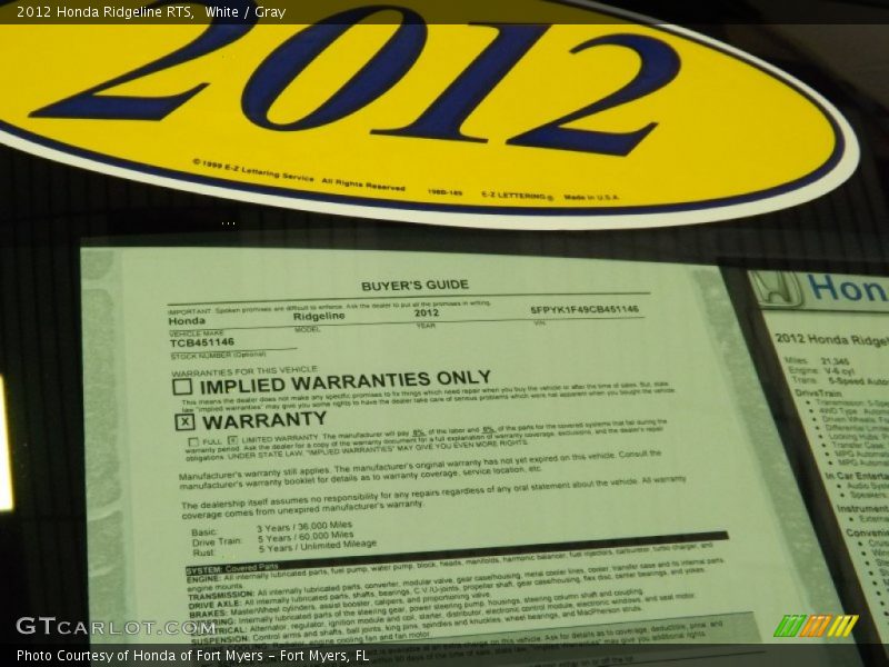 White / Gray 2012 Honda Ridgeline RTS