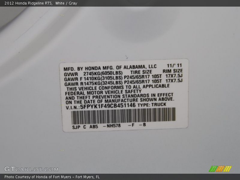 White / Gray 2012 Honda Ridgeline RTS