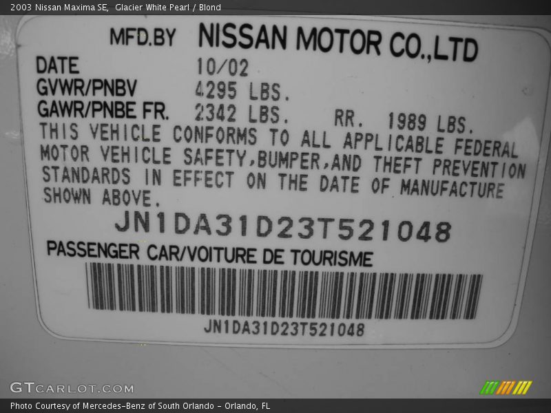 Glacier White Pearl / Blond 2003 Nissan Maxima SE