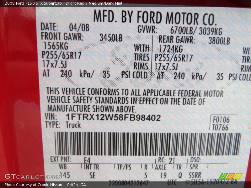 Bright Red / Medium/Dark Flint 2008 Ford F150 STX SuperCab