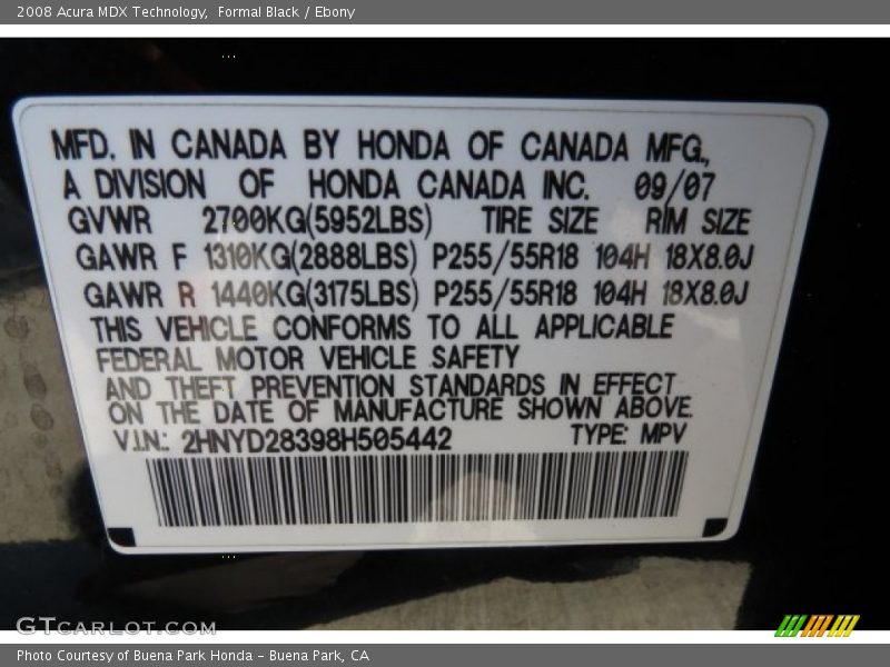 Formal Black / Ebony 2008 Acura MDX Technology