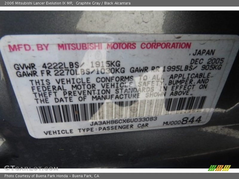 Graphite Gray / Black Alcantara 2006 Mitsubishi Lancer Evolution IX MR