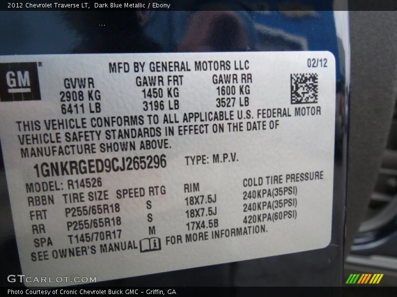 Dark Blue Metallic / Ebony 2012 Chevrolet Traverse LT