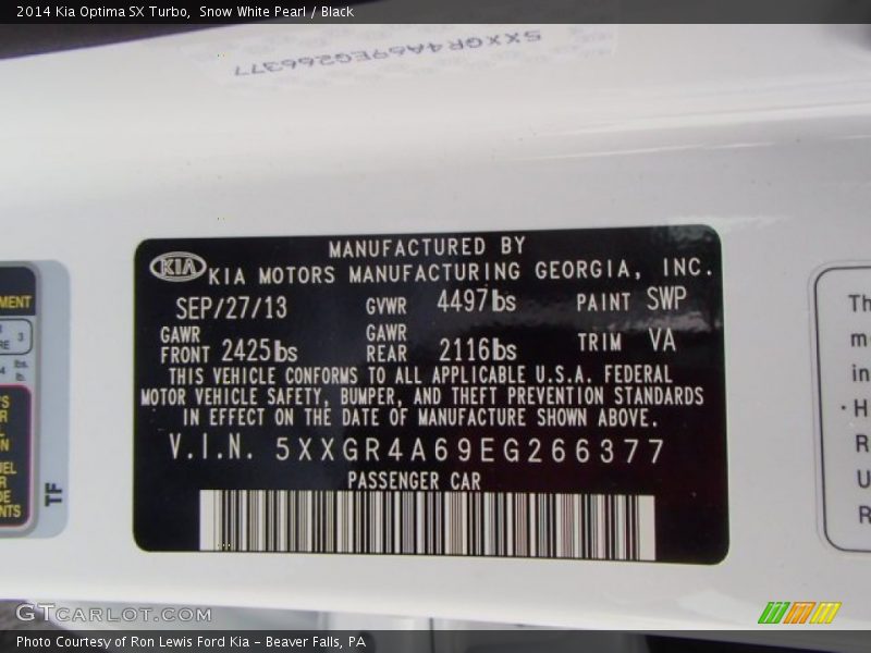 2014 Optima SX Turbo Snow White Pearl Color Code SWP