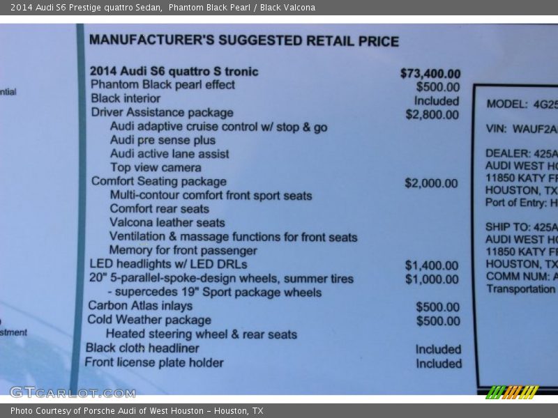  2014 S6 Prestige quattro Sedan Window Sticker