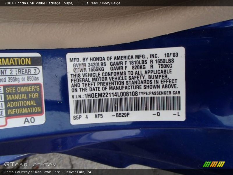 Fiji Blue Pearl / Ivory Beige 2004 Honda Civic Value Package Coupe