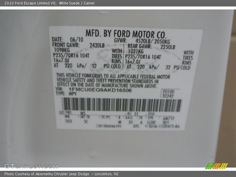 White Suede / Camel 2010 Ford Escape Limited V6