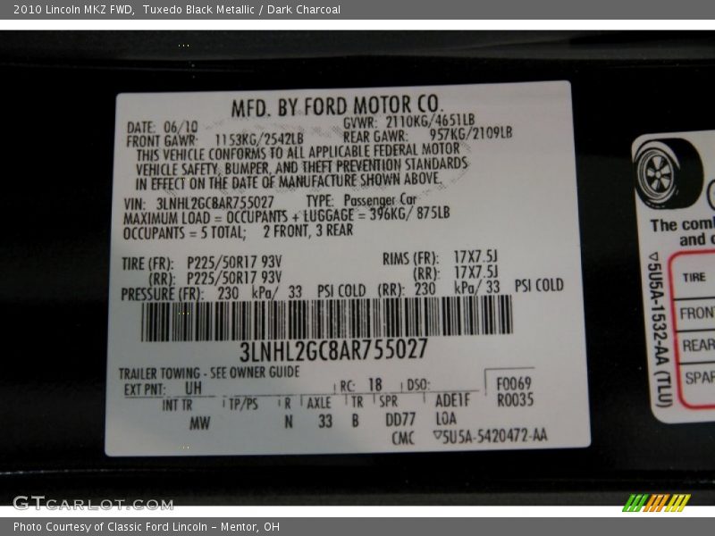 Tuxedo Black Metallic / Dark Charcoal 2010 Lincoln MKZ FWD