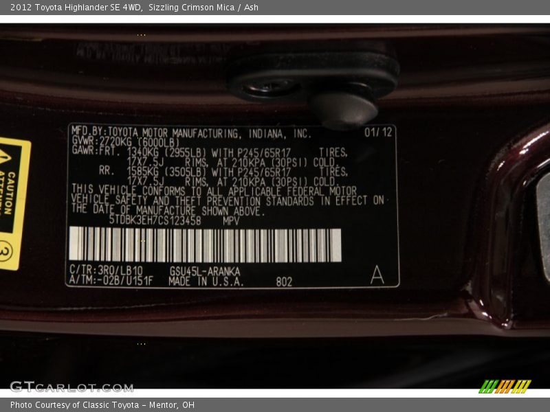 Sizzling Crimson Mica / Ash 2012 Toyota Highlander SE 4WD