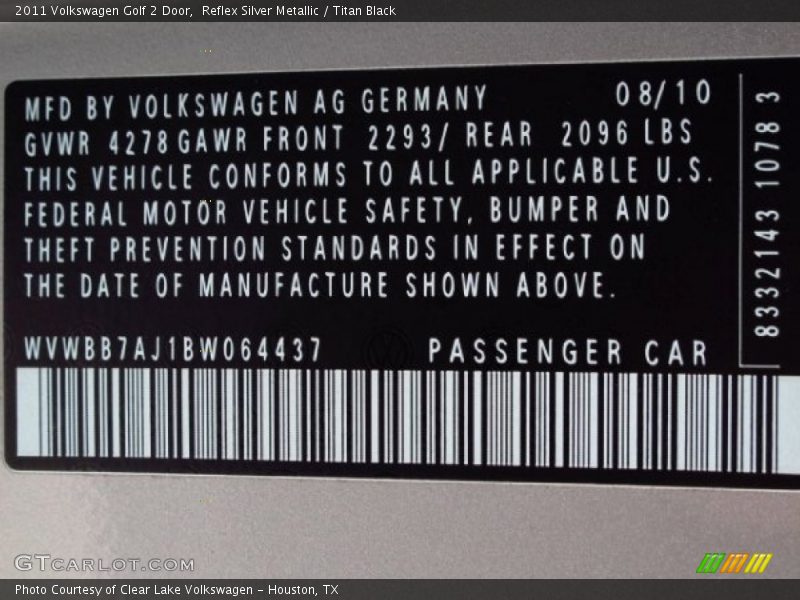 Reflex Silver Metallic / Titan Black 2011 Volkswagen Golf 2 Door