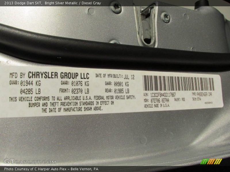 Bright Silver Metallic / Diesel Gray 2013 Dodge Dart SXT