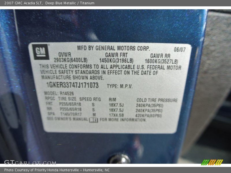 Deep Blue Metallic / Titanium 2007 GMC Acadia SLT