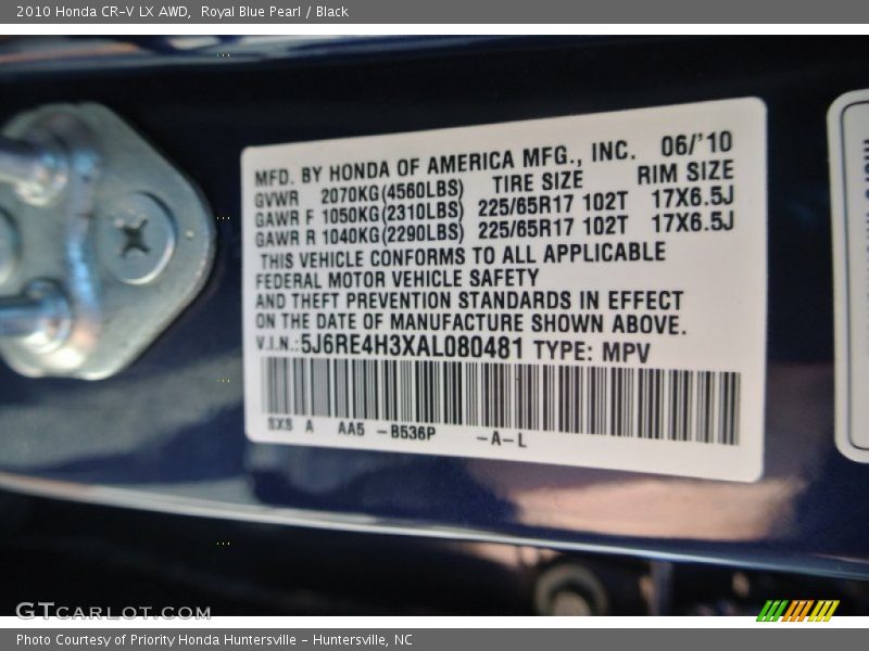 Royal Blue Pearl / Black 2010 Honda CR-V LX AWD