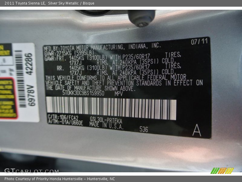 Silver Sky Metallic / Bisque 2011 Toyota Sienna LE