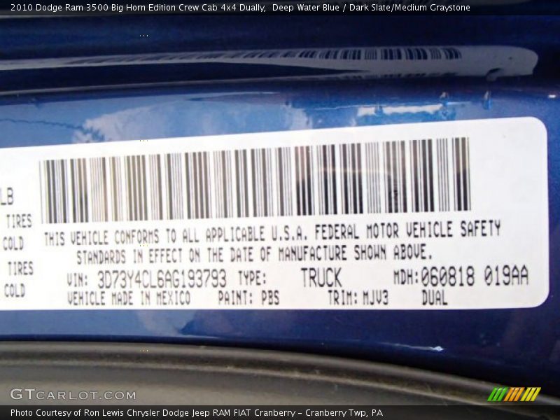 Deep Water Blue / Dark Slate/Medium Graystone 2010 Dodge Ram 3500 Big Horn Edition Crew Cab 4x4 Dually