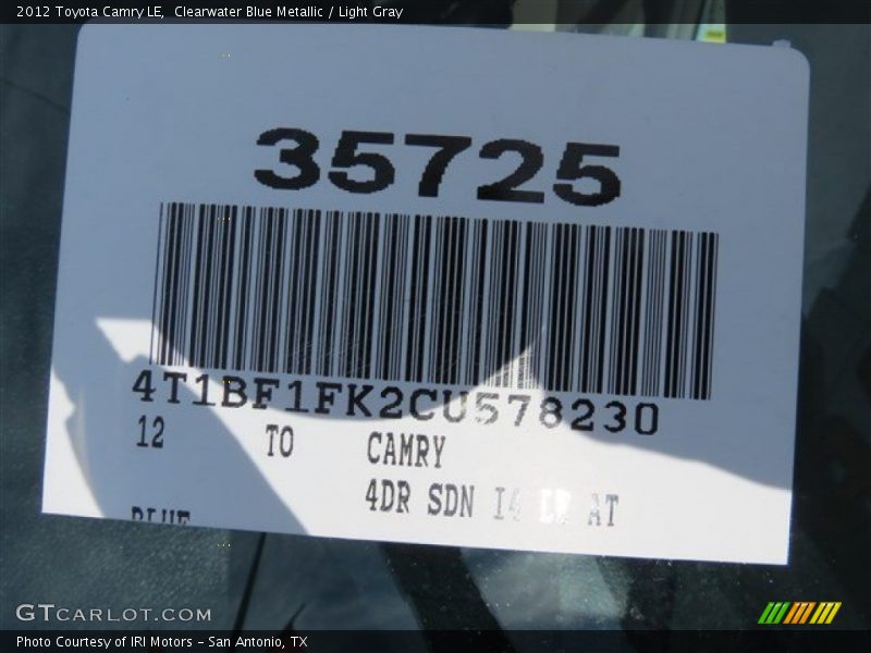 Clearwater Blue Metallic / Light Gray 2012 Toyota Camry LE