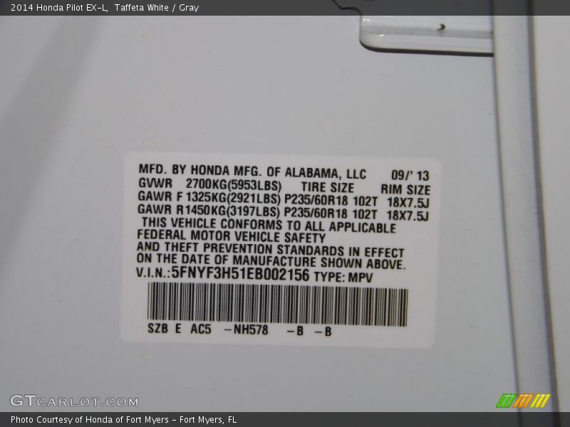 Taffeta White / Gray 2014 Honda Pilot EX-L