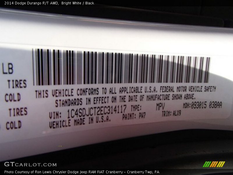 Bright White / Black 2014 Dodge Durango R/T AWD