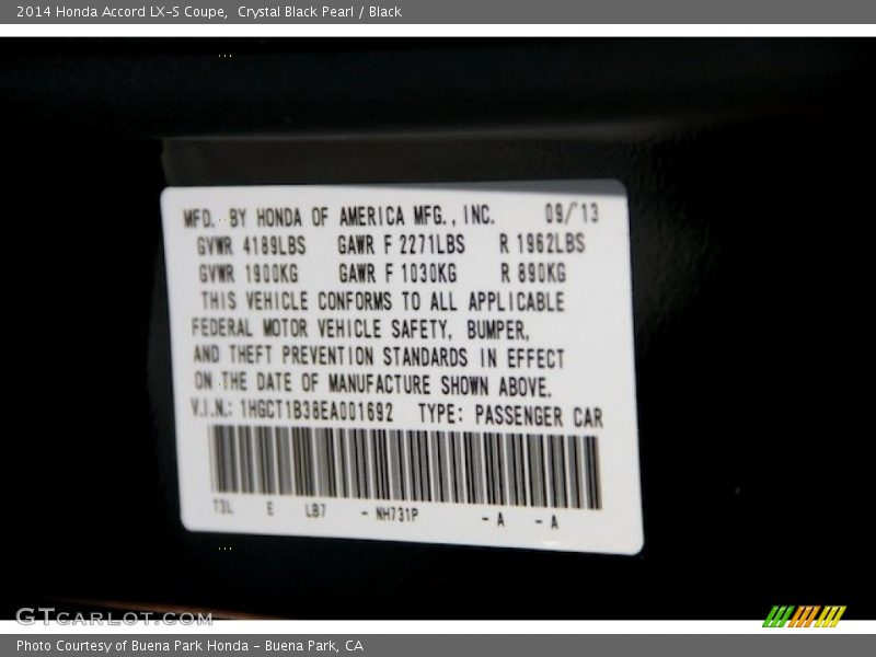 2014 Accord LX-S Coupe Crystal Black Pearl Color Code NH731P