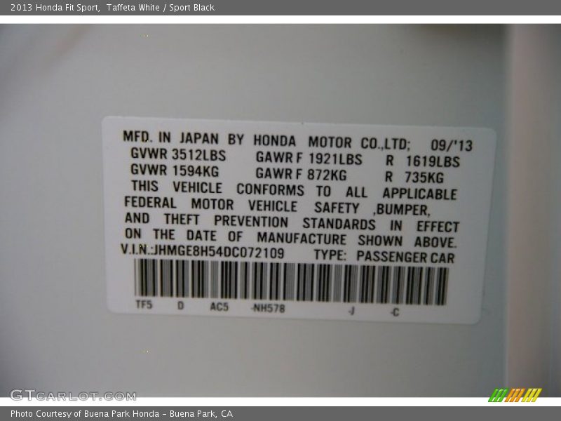 Taffeta White / Sport Black 2013 Honda Fit Sport