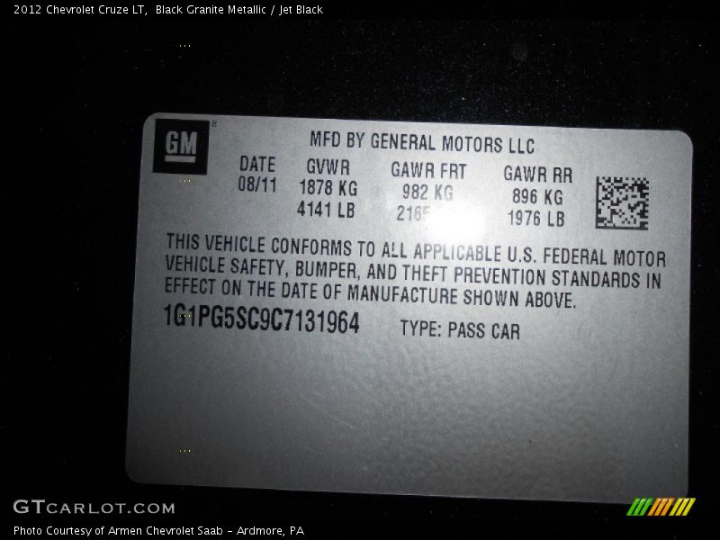 Black Granite Metallic / Jet Black 2012 Chevrolet Cruze LT