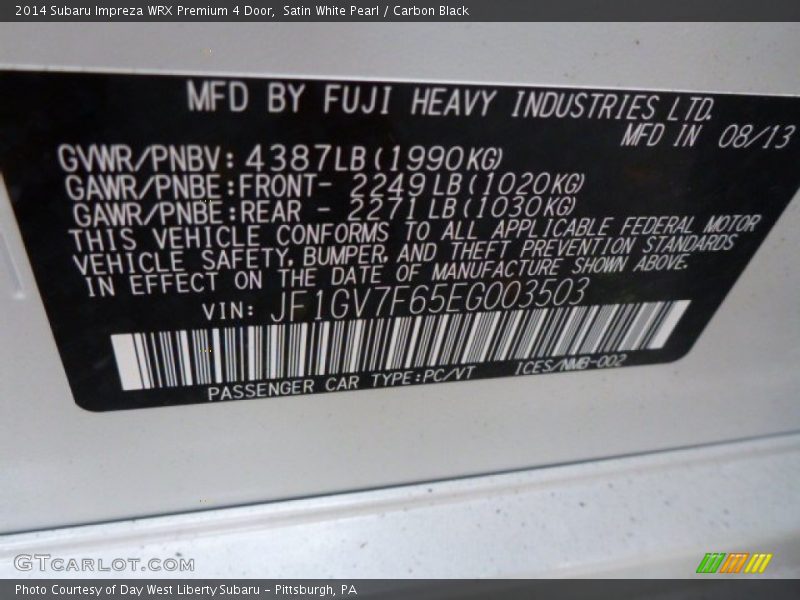 Satin White Pearl / Carbon Black 2014 Subaru Impreza WRX Premium 4 Door