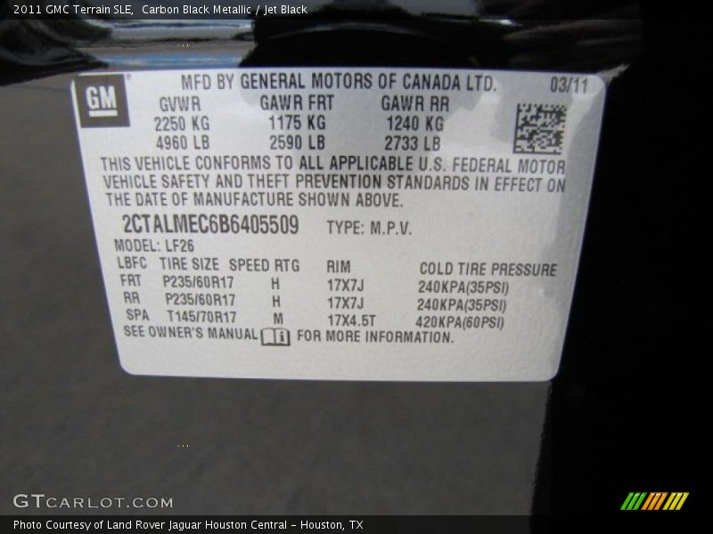 Carbon Black Metallic / Jet Black 2011 GMC Terrain SLE