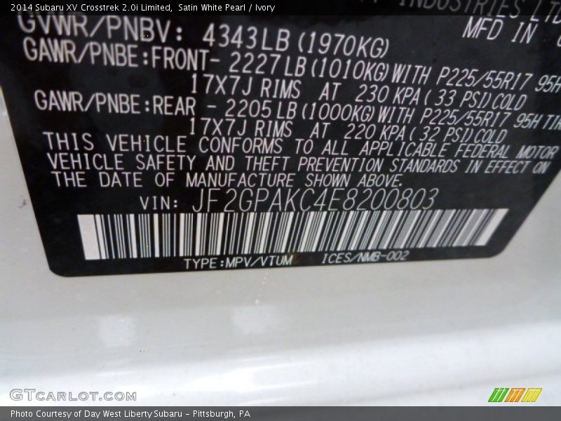 Satin White Pearl / Ivory 2014 Subaru XV Crosstrek 2.0i Limited
