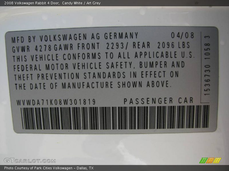 Candy White / Art Grey 2008 Volkswagen Rabbit 4 Door