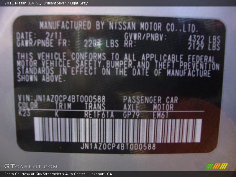 Brilliant Silver / Light Gray 2011 Nissan LEAF SL