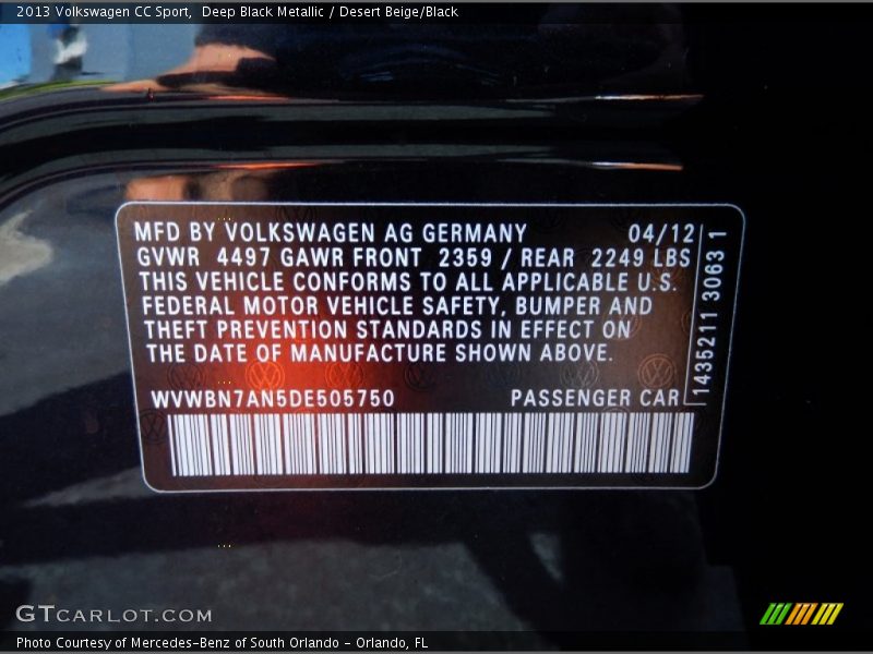 Deep Black Metallic / Desert Beige/Black 2013 Volkswagen CC Sport