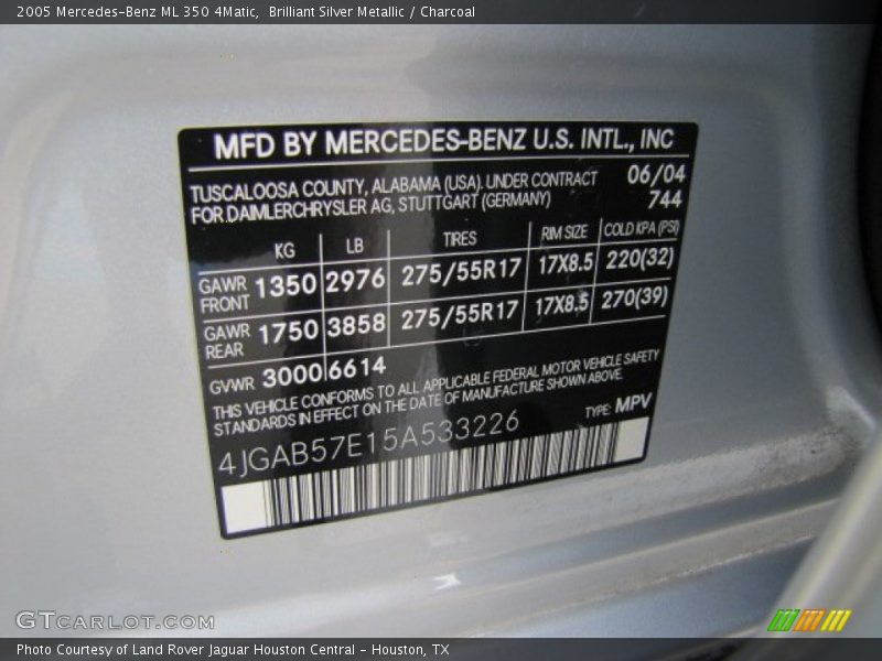 Brilliant Silver Metallic / Charcoal 2005 Mercedes-Benz ML 350 4Matic