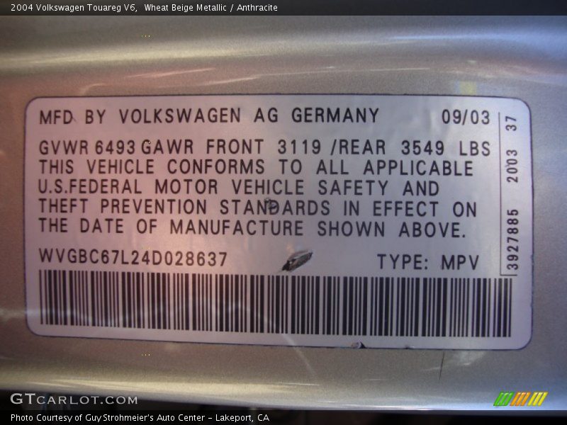 Wheat Beige Metallic / Anthracite 2004 Volkswagen Touareg V6